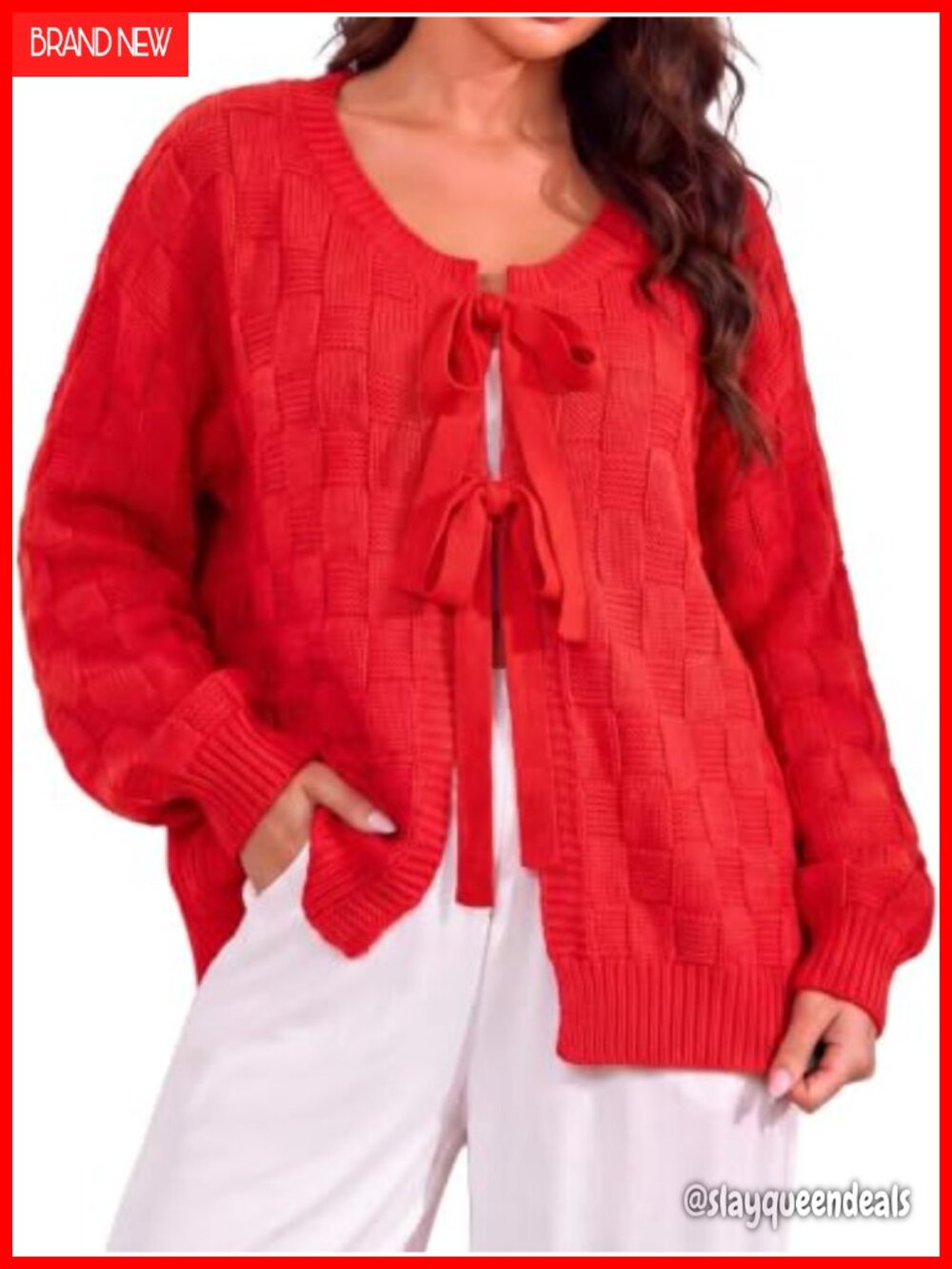 Chunky Knit Oversized Tie Front Cardigan Sweater Women Lantern Sleeve Waffle